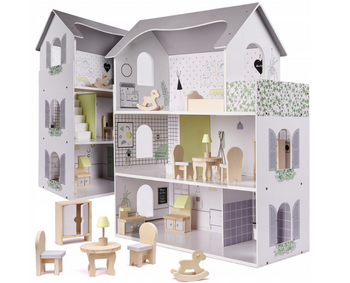 Domek dla lalek drewniany + mebelki 70cm szary KX6278
